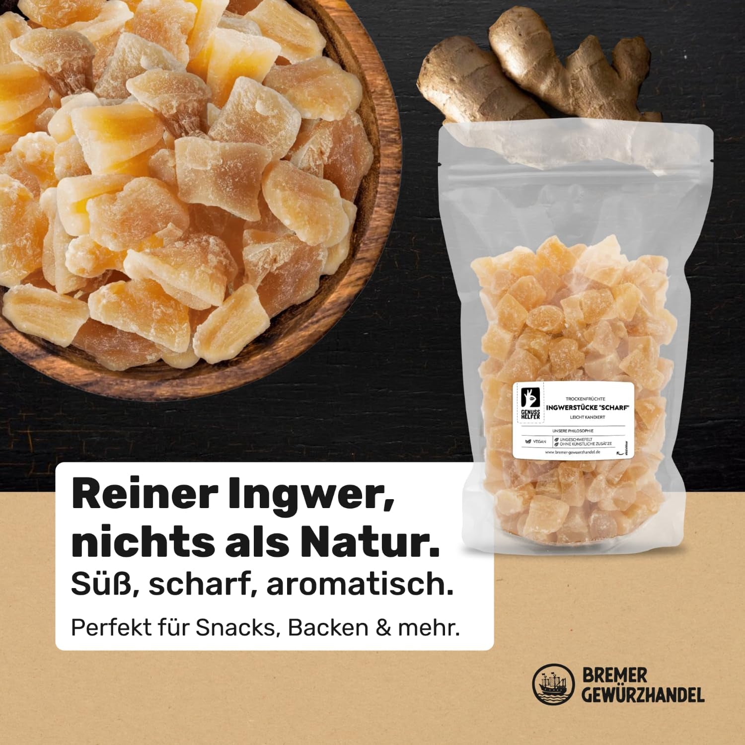 Bremer Gewürzhandel gingembre, morceaux de fruits secs épicés, aromatiques, épicés, non sulfurés, 1kg Produits déshydratés Naty Shop