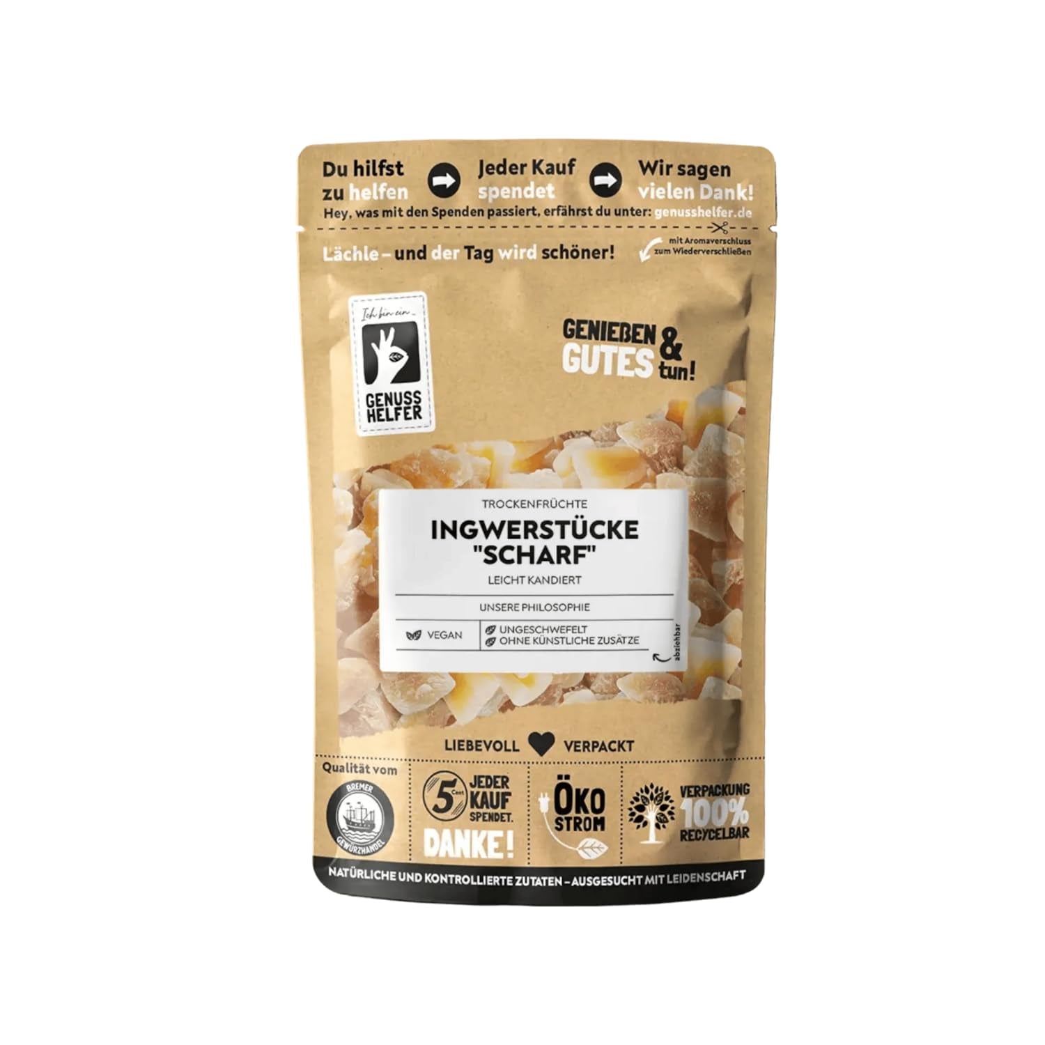 Bremer Gewürzhandel gingembre, morceaux de fruits secs épicés, aromatiques, épicés, non sulfurés, 1kg Produits déshydratés Naty Shop 600 G