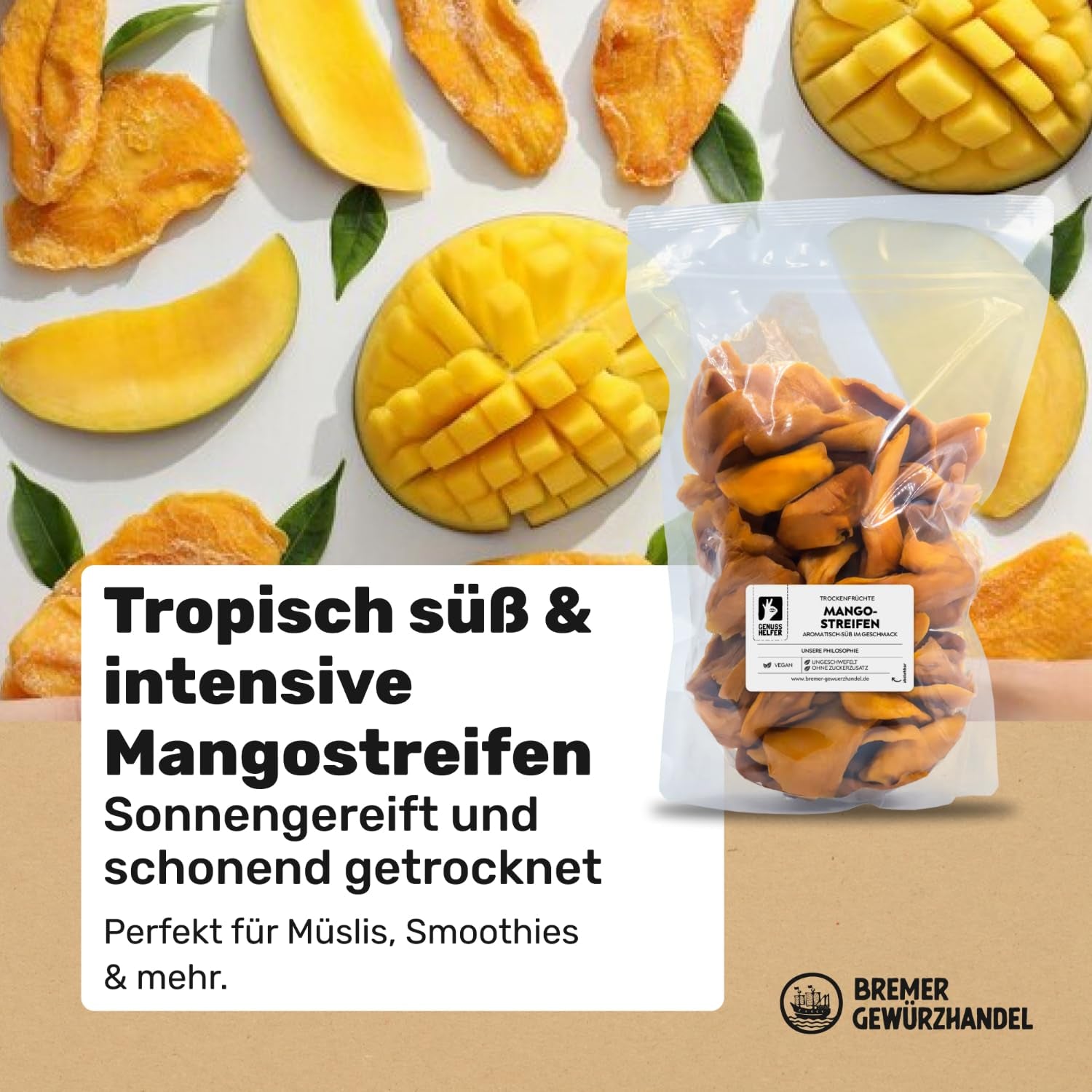 Mangue Bremer Gewürzhandel, lanières de mangue séchées, sans soufre, sans sucre ajouté, 1kg Produits déshydratés Naty Shop