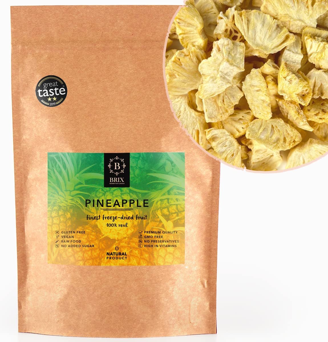 BRIX Ananas lyophilisé | Ananas naturel séché 95 g | Fruits secs Great Taste Award, ananas lyophilisés | Sans OGM, sans gluten, végétalien, vitamines retenues Naty Shop Produits déshydratés Titre par défaut