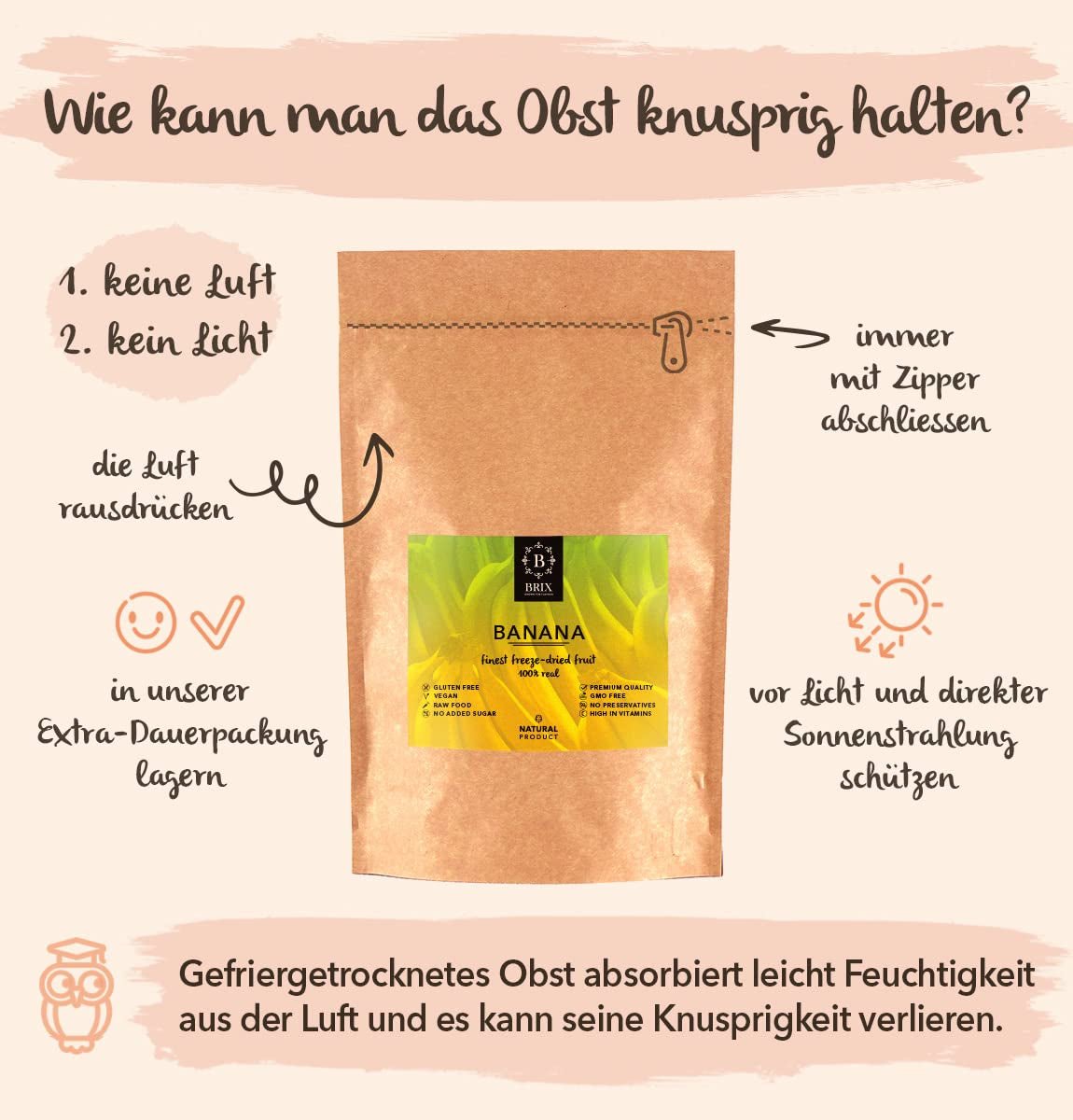 Bananes lyophilisées BRIX | Bananes naturelles séchées 140 g | Great Taste Award pour les fruits secs, séchés | Sans OGM, sans gluten, végétalien, vitamines conservées Naty Shop Produits déshydratés