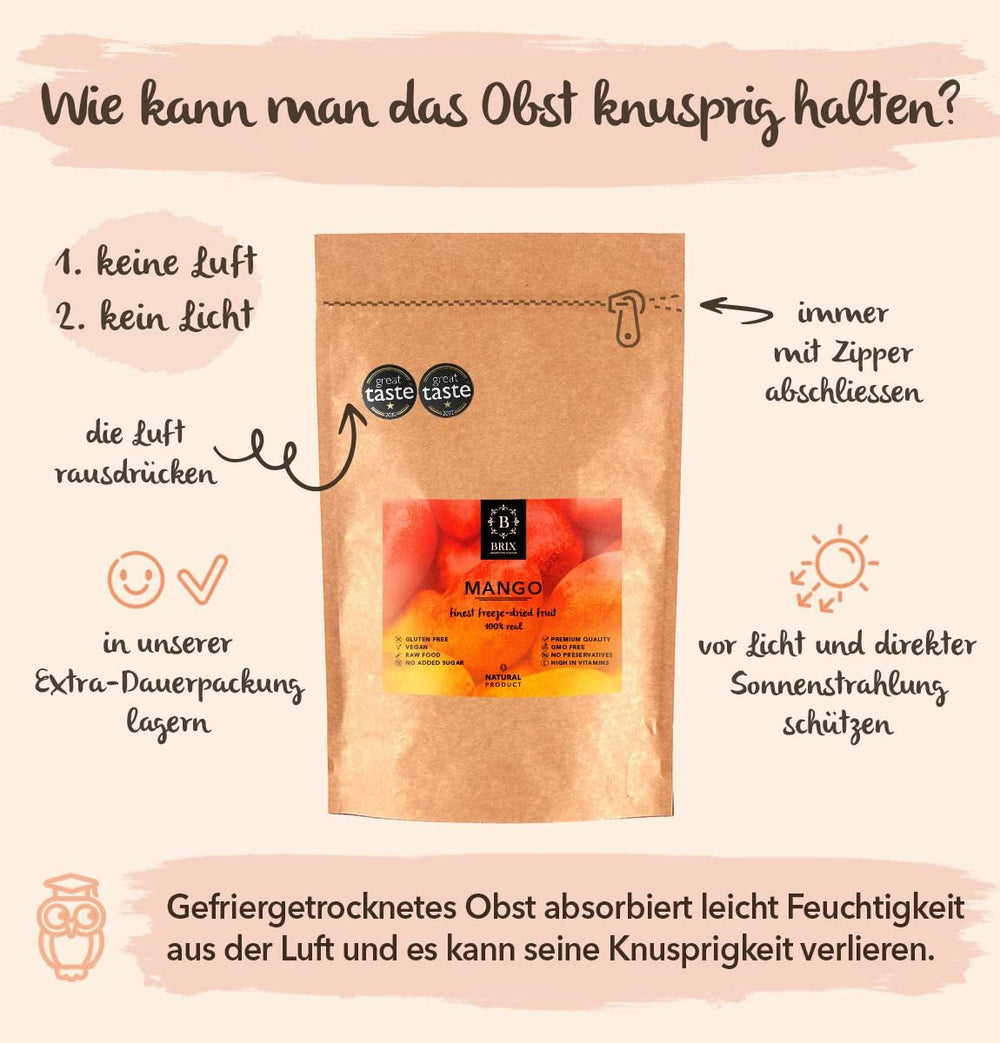 BRIX Mangue lyophilisée | Tranches de mangue séchées naturelles 95 g | Fruits secs Great Taste Award, mangue lyophilisée | Sans OGM, sans gluten, végétalien, vitamines retenues Naty Shop Produits déshydratés