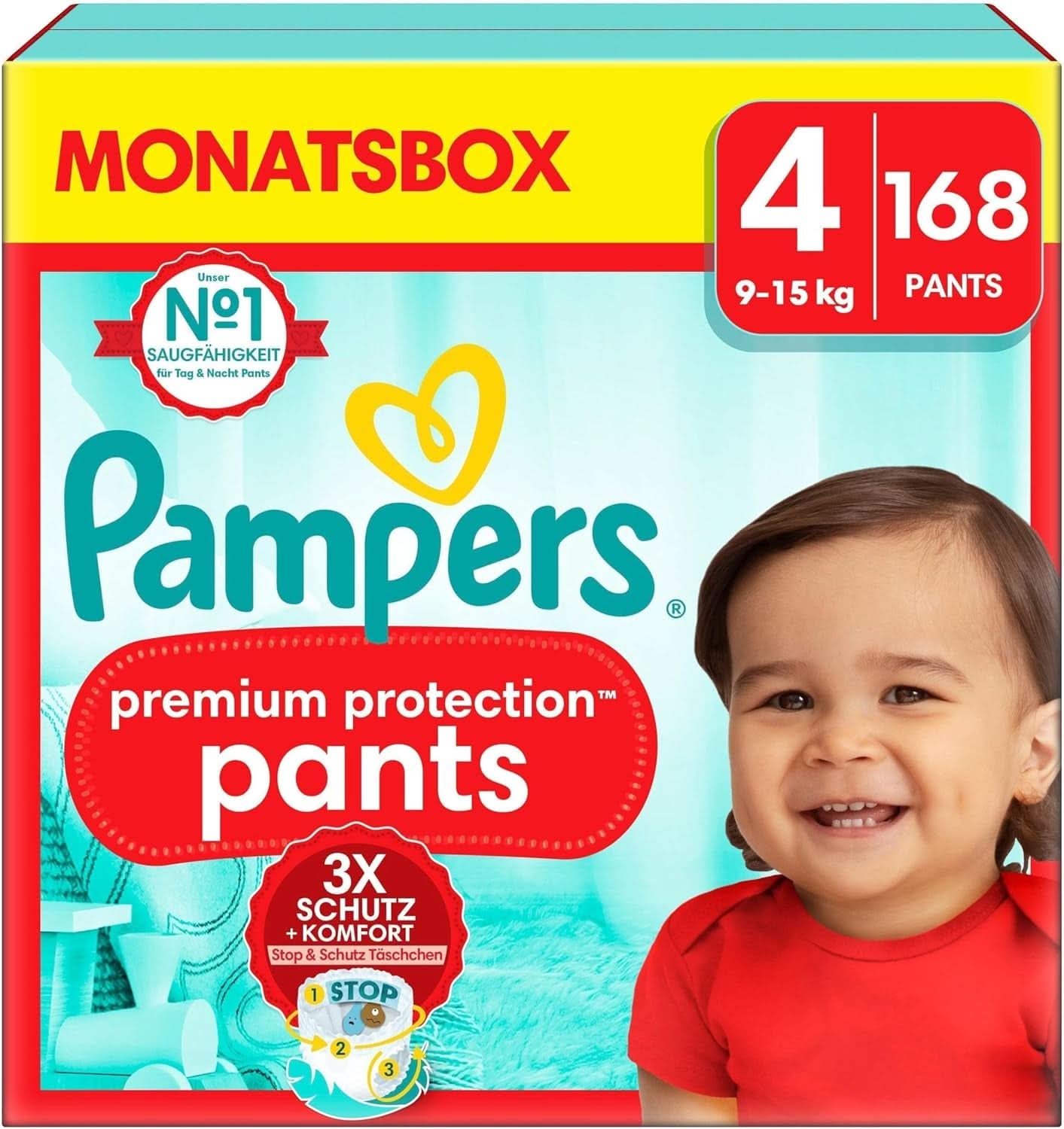 Couches Pampers pour bébé taille 5 (12-17Kg) Premium Protection, Junior avec poche Stop and Protect, 144 couches Panty Mère et Enfant Naty Shop 4 (168 pcs) Premium Protection Pants