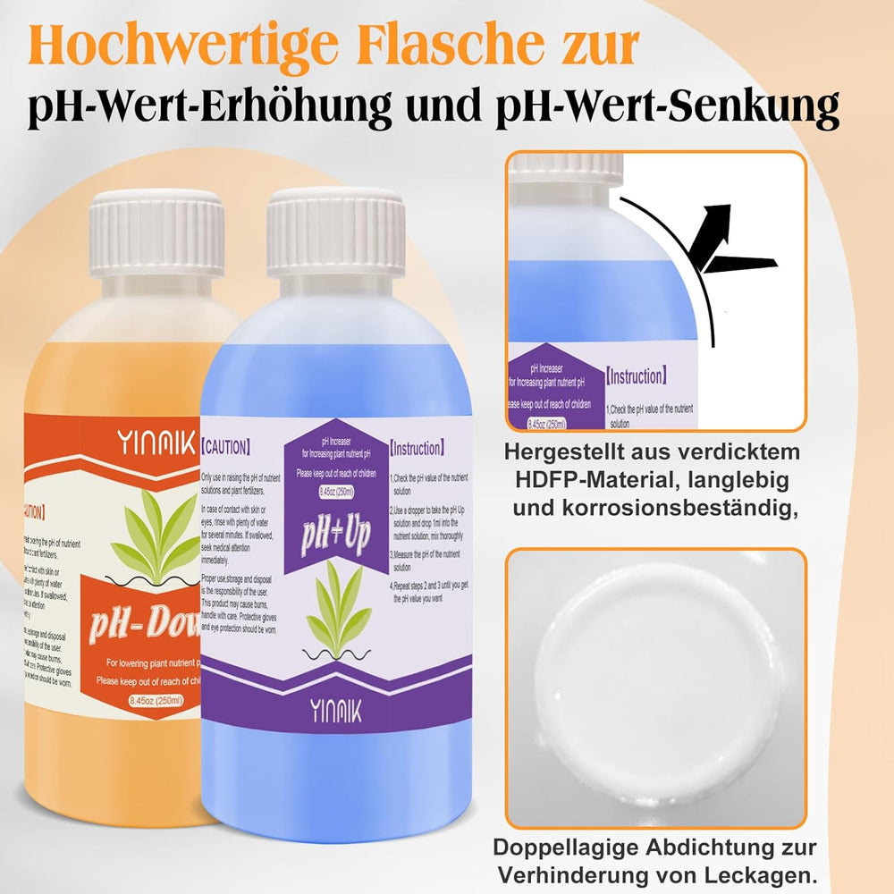 Régulateur de pH pour culture hydroponique, liquide pH Up et pH Down, fluide régulateur de pH pour abaisser ou augmenter la valeur du pH, tampon Premium 250 ml, adapté à tous les systèmes hydroponiques (sol et eau)