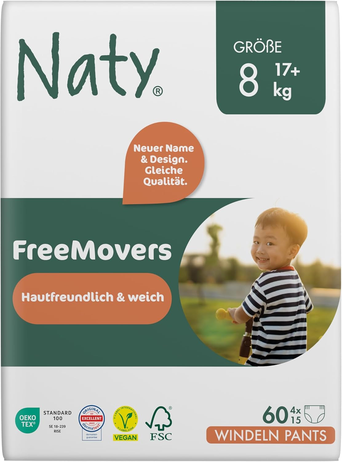 Couches pour bébé Naty FreeMovers | Couvre-couches certifiés respectueux de la peau | Doux et sans parfum | Absorbant et étanche | Testé dermatologiquement Taille 5 (12-18 kg) | 80 pièces