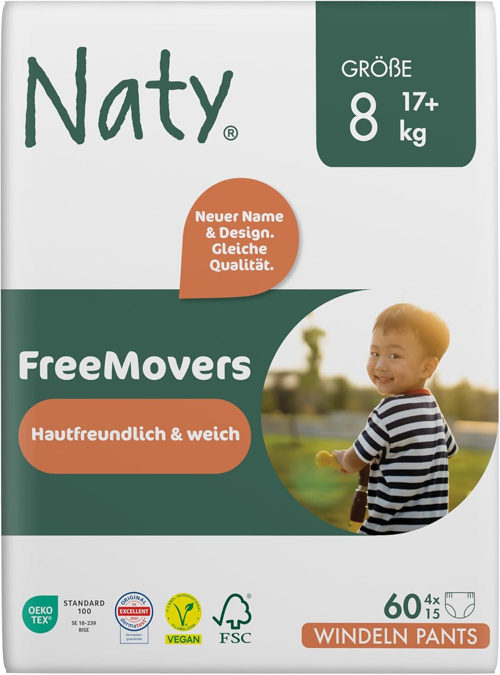 Couches pour bébé Naty FreeMovers | Couvre-couches certifiés respectueux de la peau | Doux et sans parfum | Absorbant et étanche | Testé dermatologiquement Taille 5 (12-18 kg) | 80 pièces