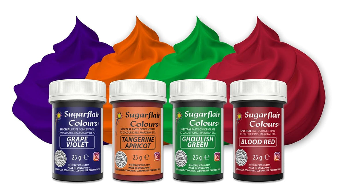 Sugarflair Pasta Food Coloring Set/4 Colorant alimentaire pour pâtes, fondant, massepain, pâte à sucre, crème au beurre et plus encore : vert macabre, violet raisin, rouge sang
