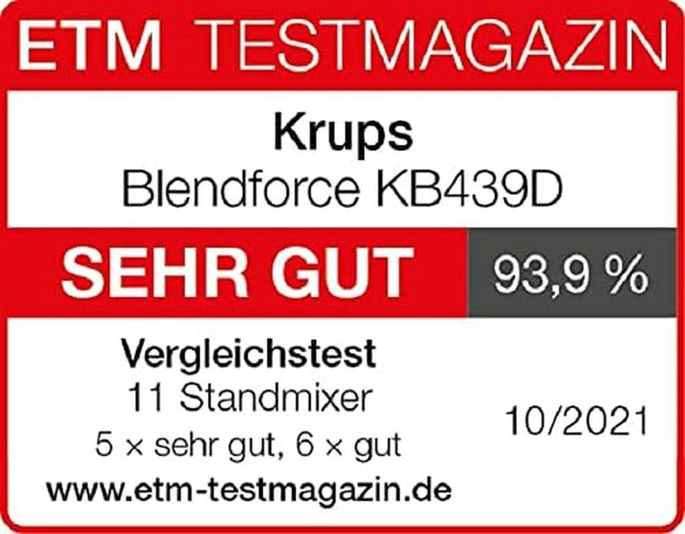 Batteur sur socle Krups KB439D Blendforce 2 | 800 watts | 5 vitesses | Fonction impulsion | Thermoglasbehälter 1,75 litre (Volume utile : 1,25 litre) | Stoßfest | Eiszerkleiner | Edelstahl Mère et Enfant Naty Shop