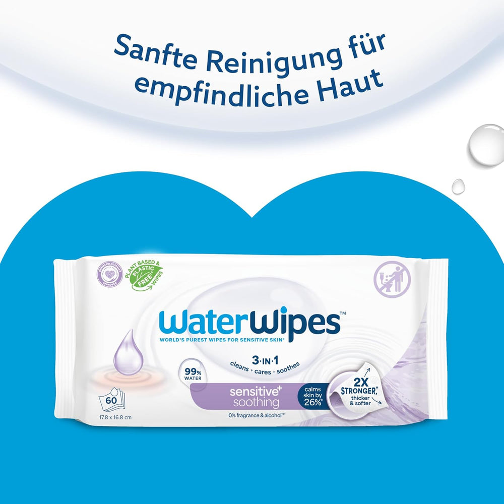 WaterWipes Sensitive+ Soothing Clean 360 pièces (paquet de 6) lingettes 3 en 1 nettoyantes, soignantes et apaisantes à 99 % d'eau avec extrait de plante, lingettes pour bébé non parfumées