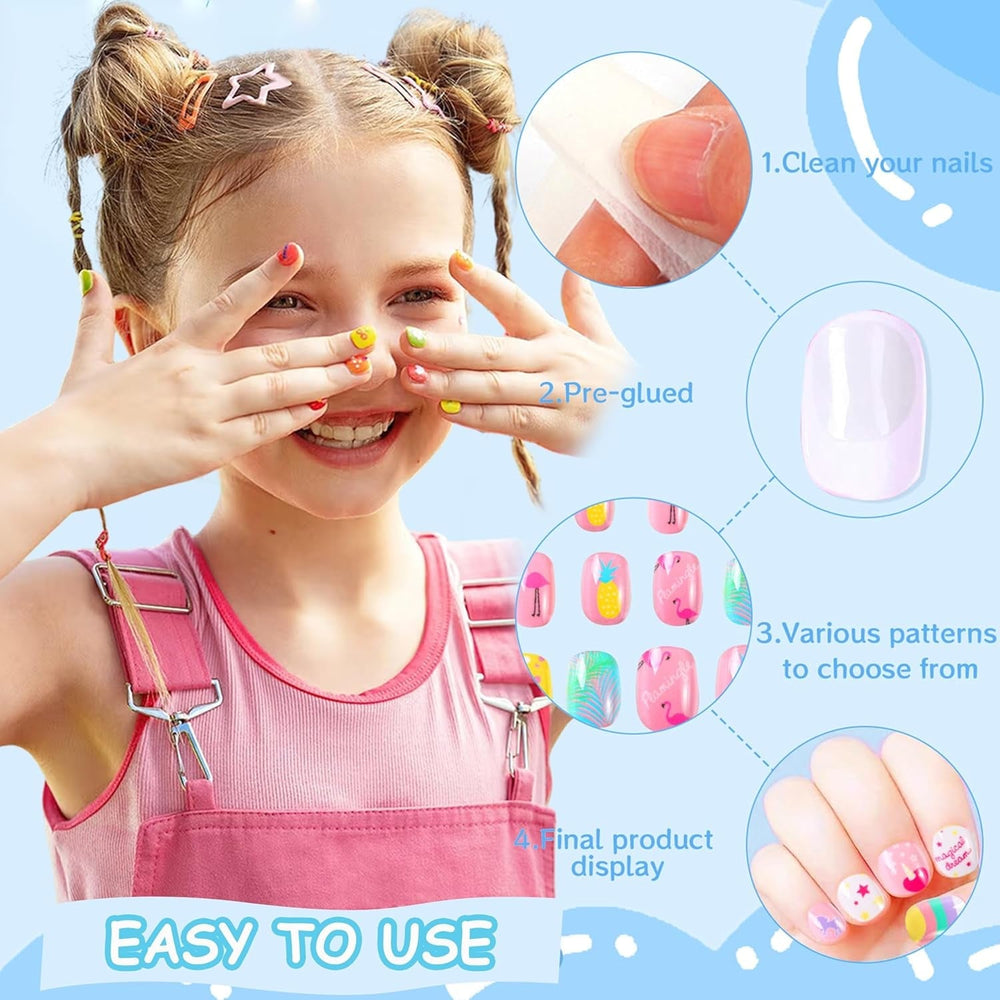 Ensemble de faux ongles – 120 pièces d'ongles autocollants pour enfants avec colle à ongles, ensemble d'ongles artificiels autocollants à couverture complète, faux ongles pour filles avec petites mains (couleur A, 120X)