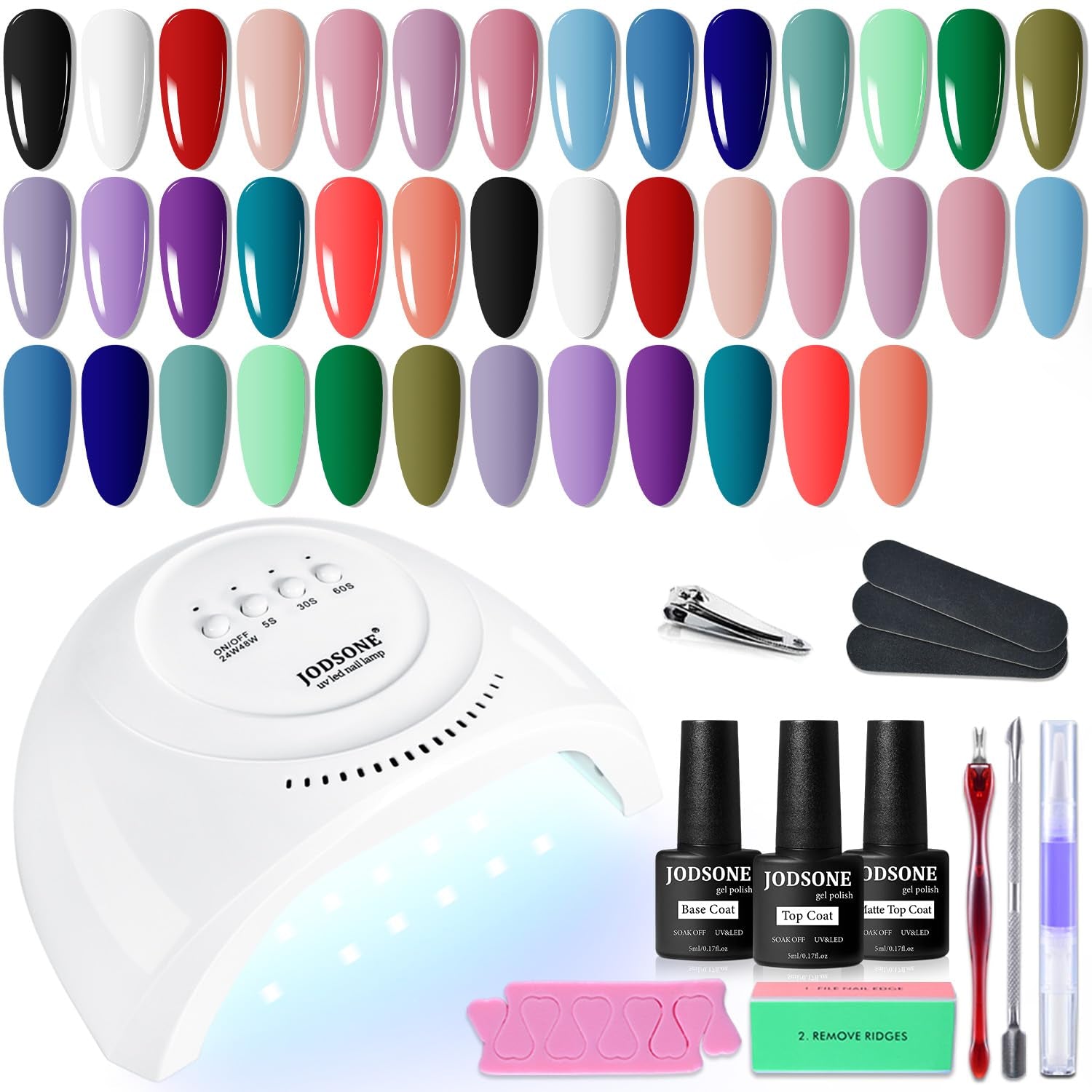 JODSONE 36-Teiliges Gel-Nagellack-Set, 32 Farben, Gel-Nagellack-Set, Basislack, Glänzend, Matt Und Glitzernder Decklack, Naillack-Set, Grün, Blau, Rot, Rosa, Kollektion, Geschenke Für Frauen