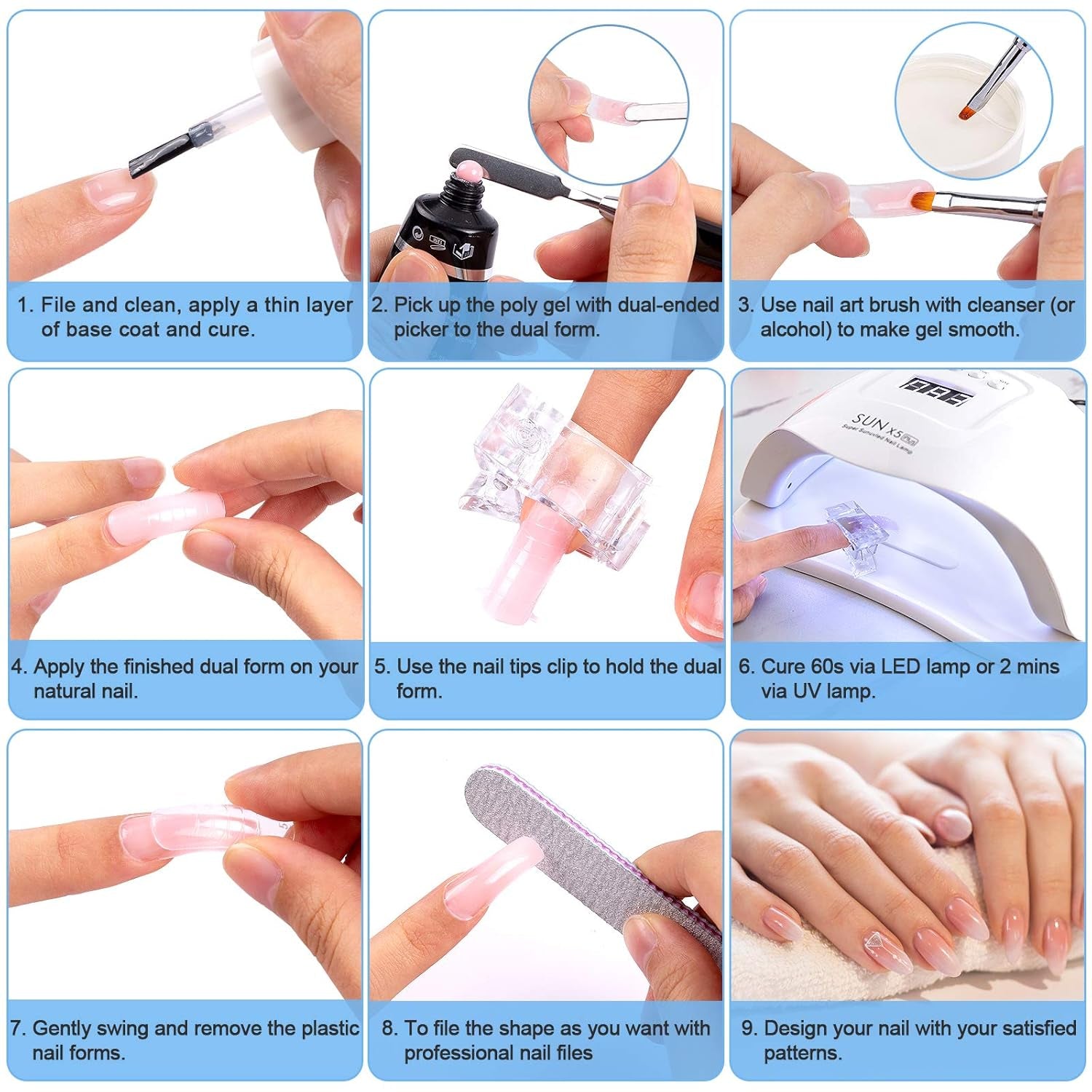 Ensemble de 120 formes d'ongles, extensions d'ongles, formes d'ongles en gel, ensemble de formes d'ongles avec brosse à double tête et lime à ongles avec clips, pour ongles en gel