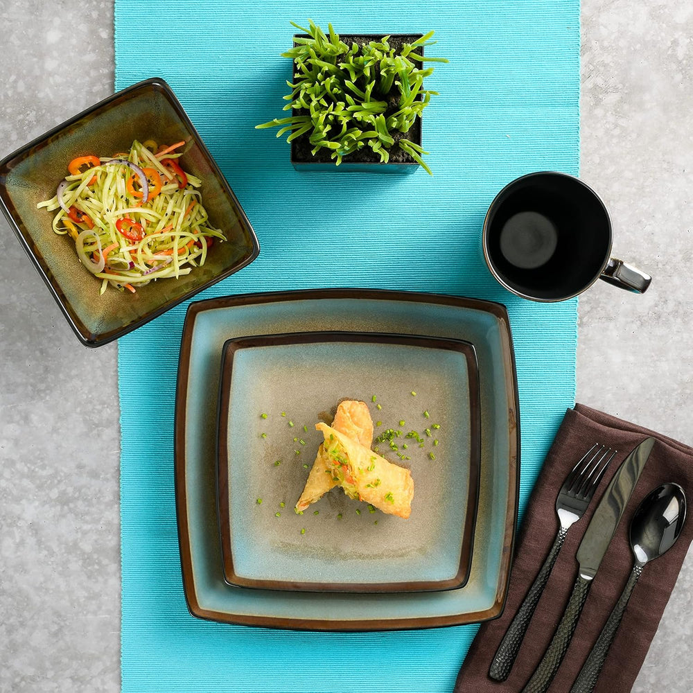 Tequesta Service de table carré en grès émaillé réactif pour 4 personnes (16 pièces) Taupe