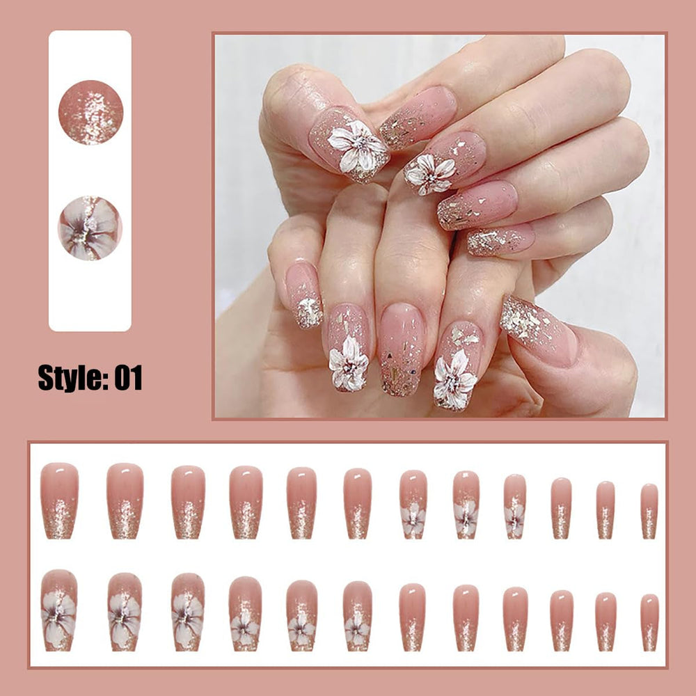 Ongles artificiels à paillettes naturelles, à pression courte, en acrylique, auto-adhésifs, pour femmes et filles, accessoires de Nail Art, 48 pièces