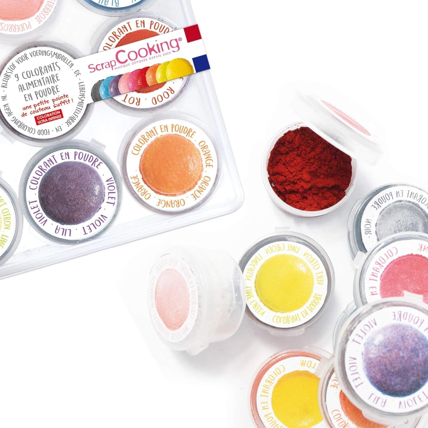 Scrapcooking - Lot de 9 colorants alimentaires en poudre - Bleu, Jaune, Rose, Violet, Orange, Vert anis, Rouge, Rose poudré, Noir - Colorant en poudre comestible pour gâteaux, muffins, macarons - 4270
