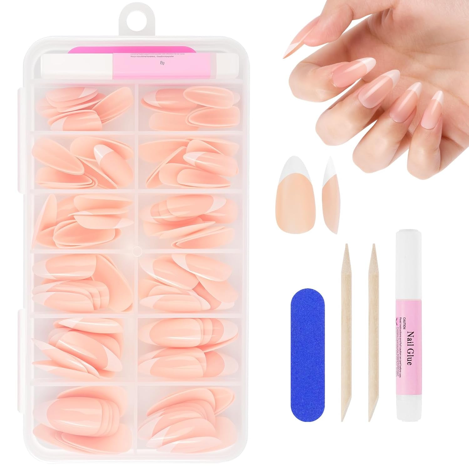 Lot de 240 faux ongles à pression française, 12 tailles, faux ongles avec colle pour femmes et hommes (blanc nu amande moyenne)