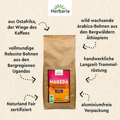 Herbaria MAKEDA Espresso En Grains Bio 1Kg - Certifié Naturland Fair d'Afrique de l'Est - Arômes torréfiés avec cacao et notes de bois de chêne - grains de café biologiques parfaits pour les filtres portables et les machines à café automatiques Cafea Naty Shop