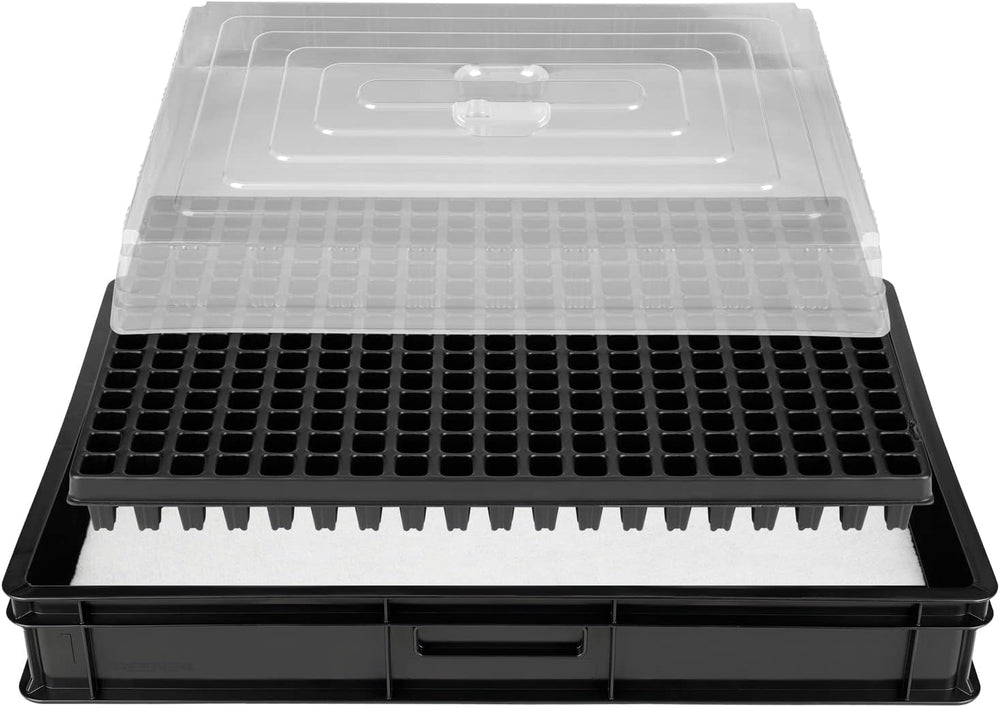 Système de propagation GW-285 composé d'un bac à eau professionnel GW657, d'un tapis capillaire assorti (absorption d'eau 3 L par m²) et d'un plateau à pots avec 285 pots (23x23 mm, hauteur 54 mm) en taille européenne (600x400 mm)