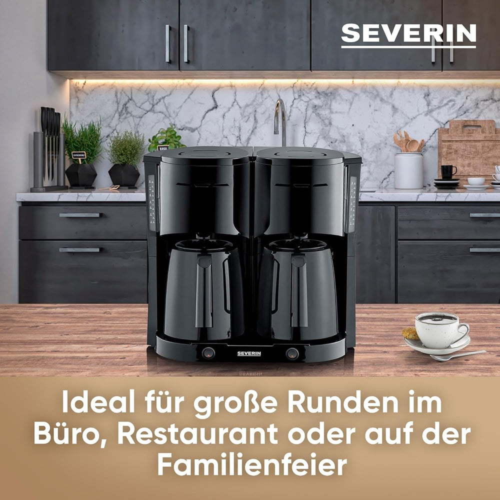 SEVERIN Machine à café filtre Duo avec carafe thermique, machine à café jusqu'à 16 tasses, jolie machine à filtre avec 2 carafes isothermes, noir, KA 9315