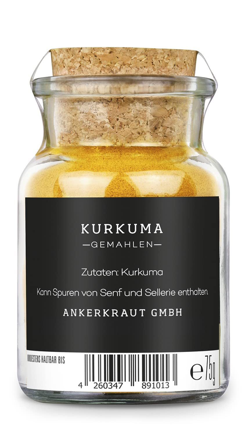 Ankerkraut Curcuma, gemahlen, Curcuma Gewürz Pulver, 75g dans un verre en liège