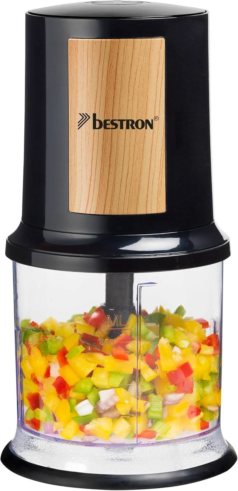 Bestron Elektrischer Multi-Zerkleinerer, Universalzerkleinerer Mit deux Schneidemessern & 500Ml Kapazität, Große Pulstaste, 400 Watt, Farbe: Kupfer Kitchen Naty Shop Schwarz/Holz