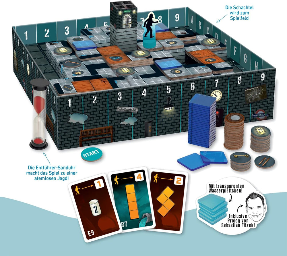 Moïse. Sebastian Fitzek Underground, un jeu de thriller 3D innovant pour les fans d'escape game, un jeu de société coopératif de Marco Teubner avec différents niveaux de difficulté, à partir de 12 ans.