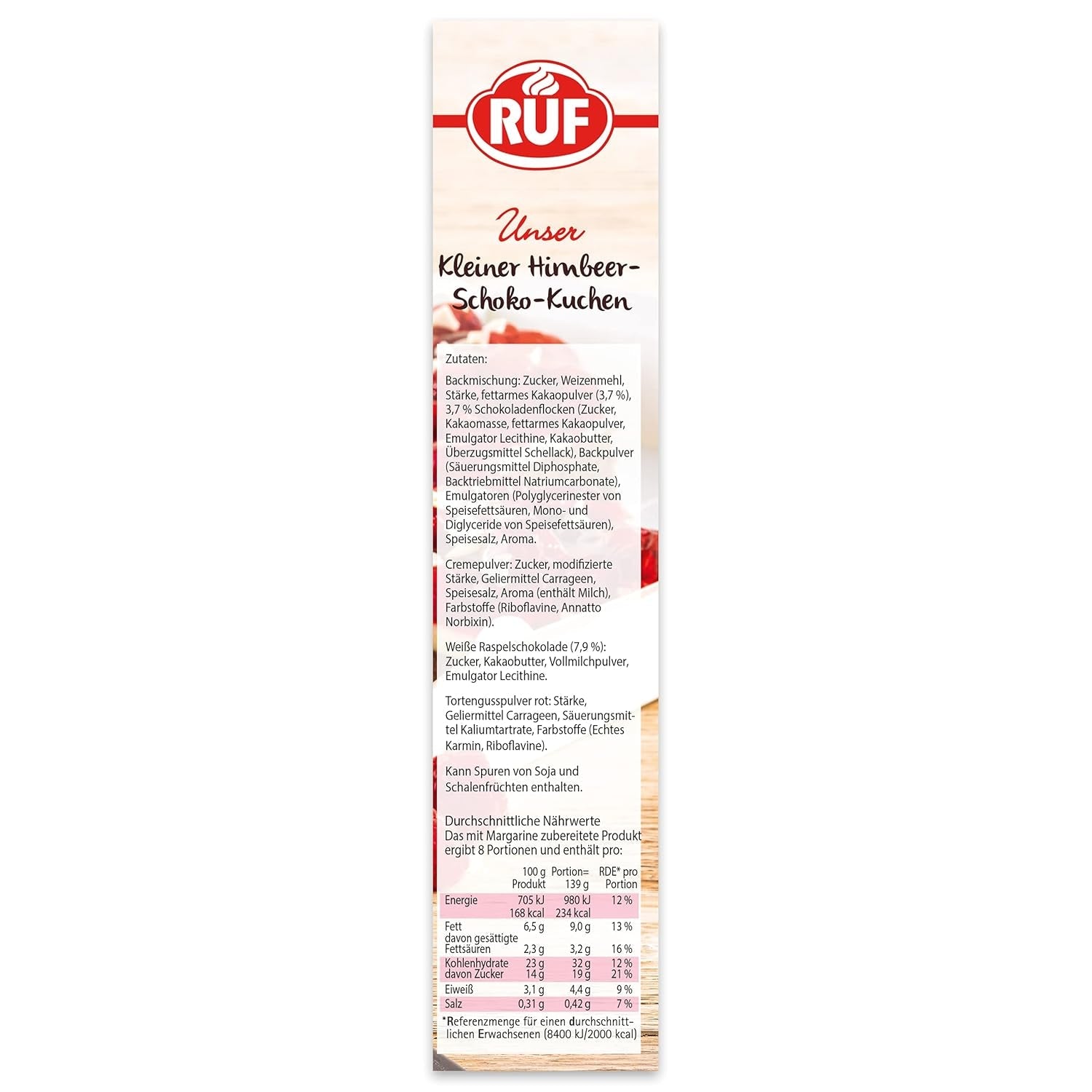 RUF Kleiner Himbeer-Schokokuchen, Mini-Kuchen Mit Feiner Puddingcreme, Himbeeren Und Weißen Schokoraspeln, Inkl. Forme arrière, 1X252G Mélange pour pâtisserie et cuisine Naty Shop