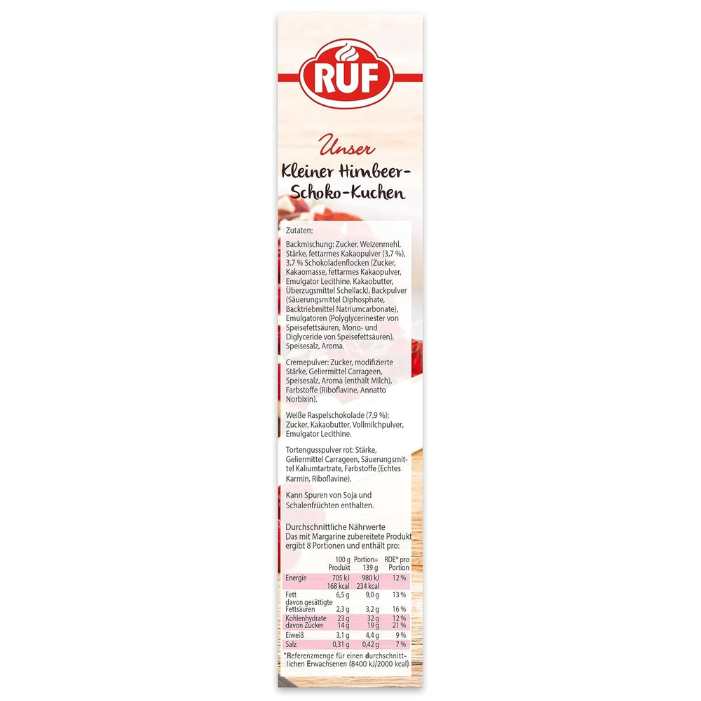 RUF Kleiner Himbeer-Schokokuchen, Mini-Kuchen Mit Feiner Puddingcreme, Himbeeren Und Weißen Schokoraspeln, Inkl. Forme arrière, 1X252G Mélange pour pâtisserie et cuisine Naty Shop