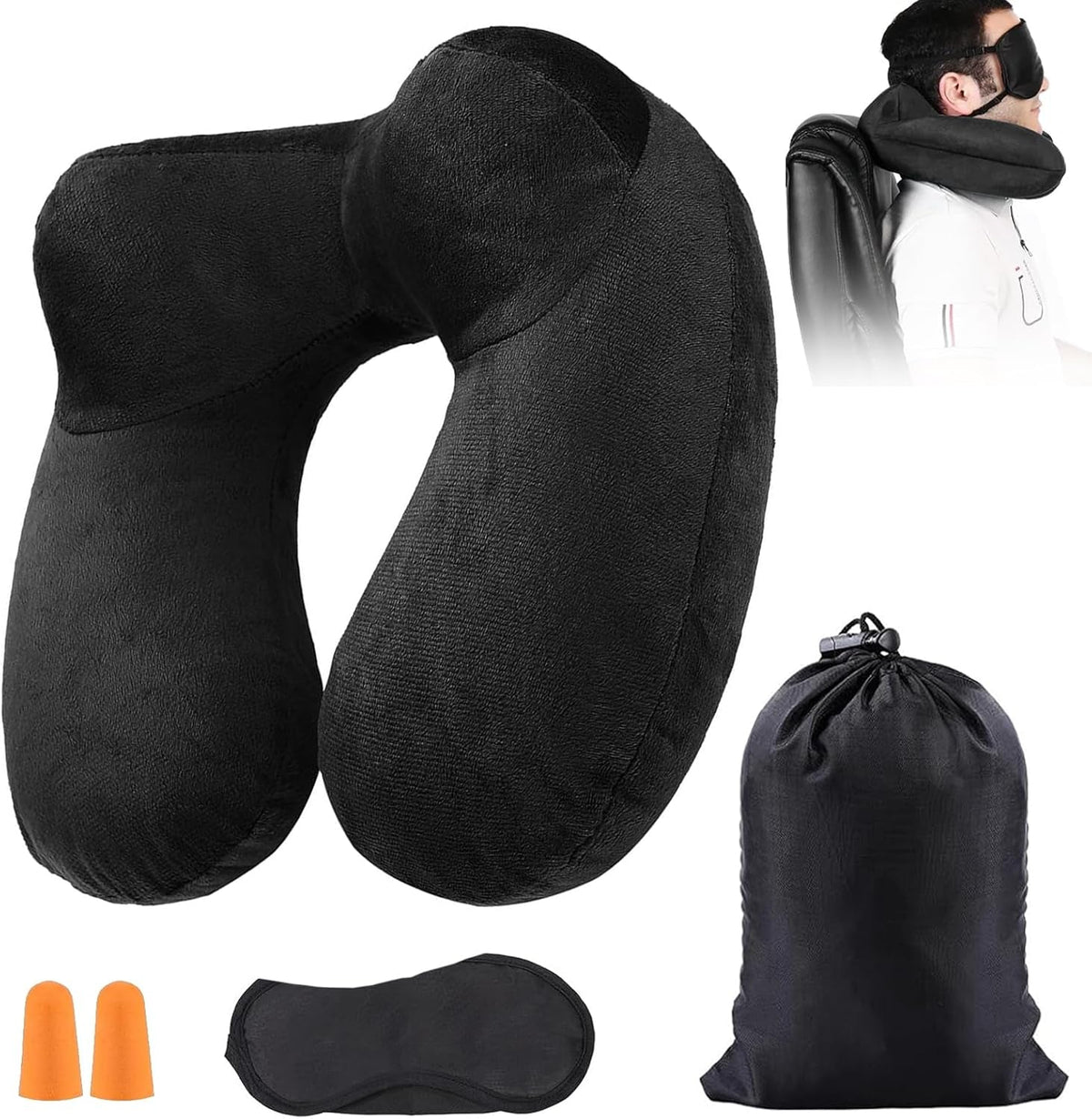 Oreiller de voyage gonflable, oreiller de voyage avec masque de sommeil + bouchons d'oreille + sac de transport, super léger et portable, idéal pour avion, voiture, maison, bureau, noir Naty Shop Oreillers de voyage Titre par défaut