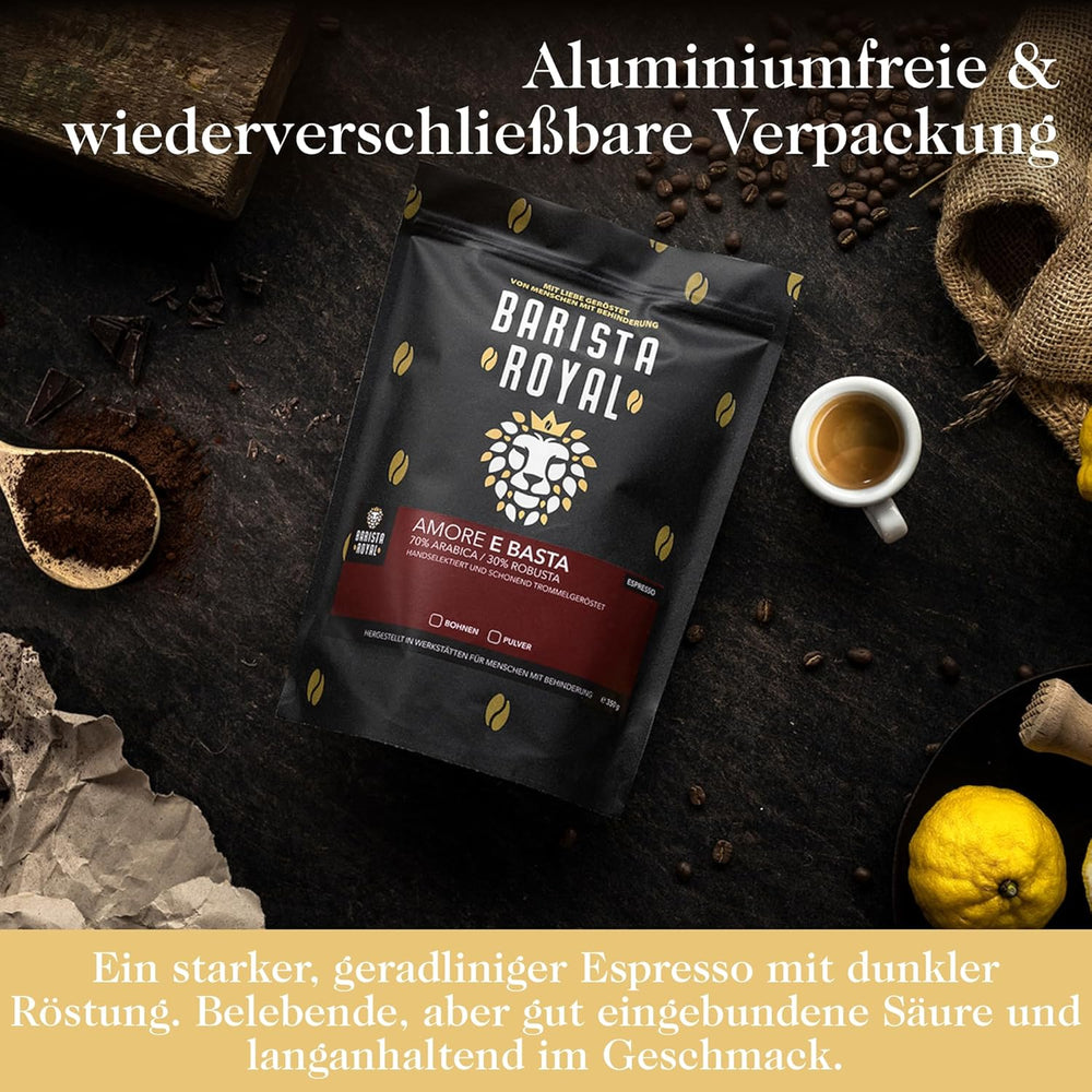BARISTA ROYAL Espressobohnen 1kg "Amore E Basta Espresso" | Frische Kaffeebohnen direkt gehandelt | 70 % Arabica, 30 % Robusta Espresso ganze Bohnen | Idéal pour les machines entièrement automatiques et Siebträger