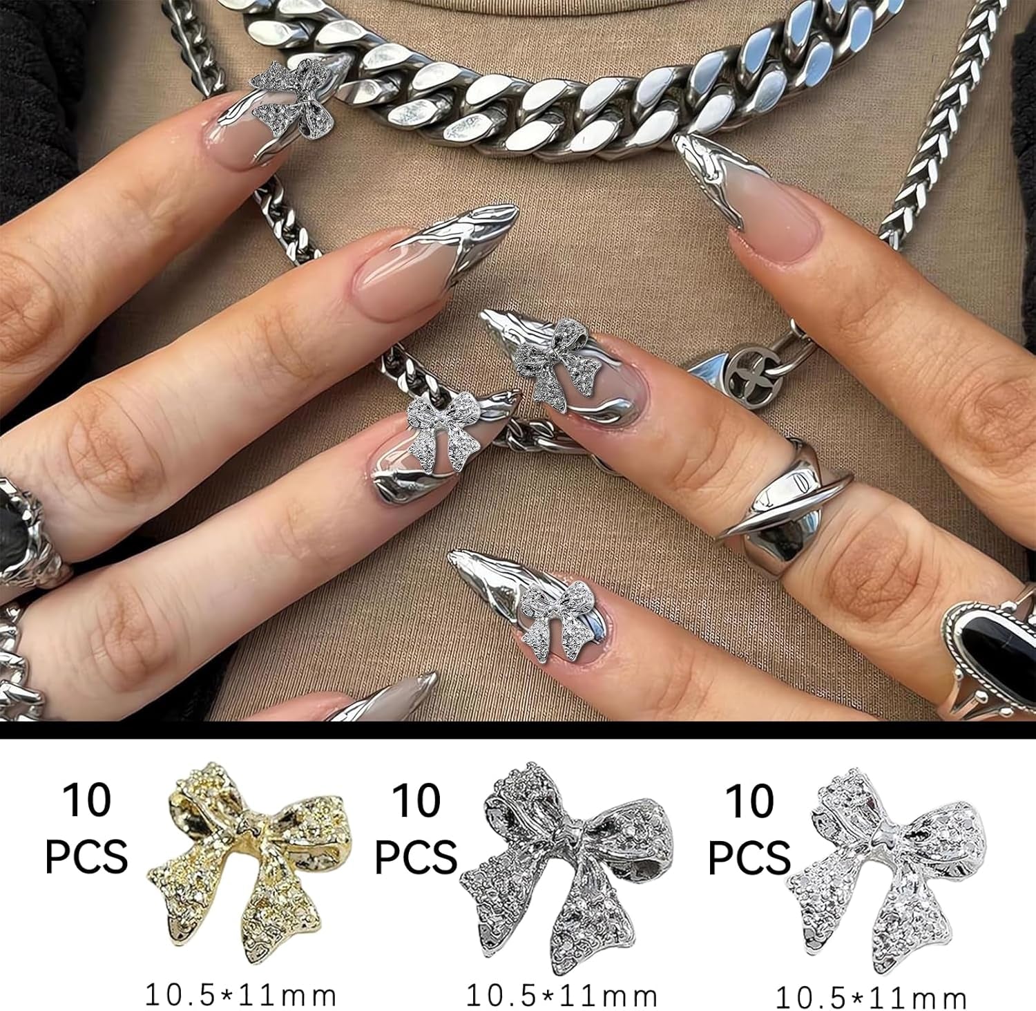 Nœuds à ongles en métal, 30 pièces, nœuds gris or argent, accessoires pour ongles, décorations d'ongles pour femmes et filles, Design Nail Art