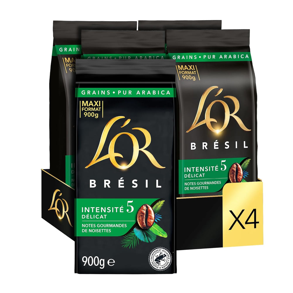 L'OR, Kaffeebohnen, 100% Arabica, Brésilien, Intensité 5 Röstung, 900 g x 4