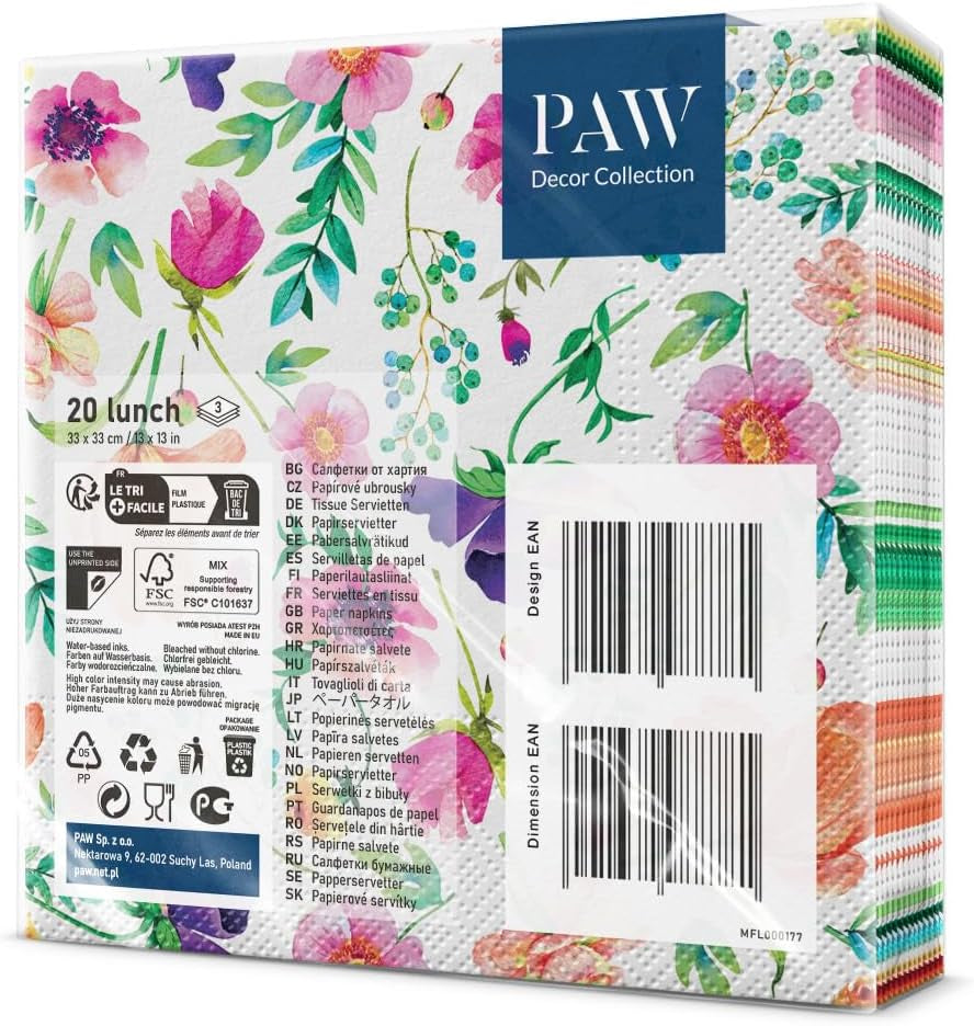 PAW - Serviettes 3 Plis (33 X 33 Cm) I 20 Pièces I Parfaites pour les Anniversaires, Fêtes, Mariages, Communions et Fêtes I Décorations de Table Serviettes en Papier Colorées - Fleurs Colorées Flore I Composition Florale