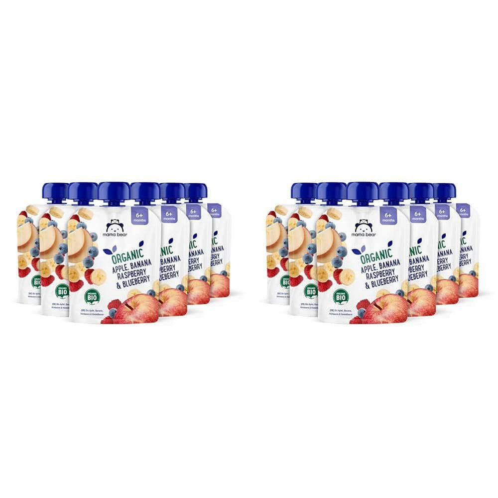 Mama Bear, purée bio différents fruits, coffret 6 x 90 grammes Mère et Enfant Naty Shop 12 x 90 grammes Pommes, bananes, myrtilles et framboises