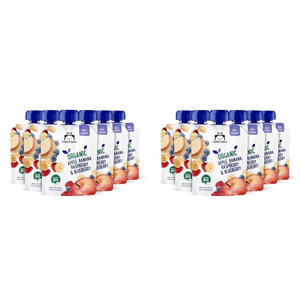 Mama Bear, purée bio différents fruits, coffret 6 x 90 grammes Mère et Enfant Naty Shop 12 x 90 grammes Pommes, bananes, myrtilles et framboises