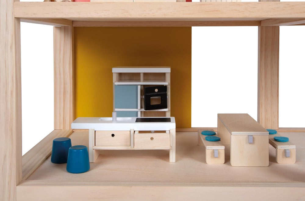 Small Foot Maison de poupée en bois de couleur naturelle – Toit-terrasse à 3 niveaux et ensemble de meubles de 51 pièces encourage le jeu créatif, convient aux enfants de 3 ans et plus, 12541