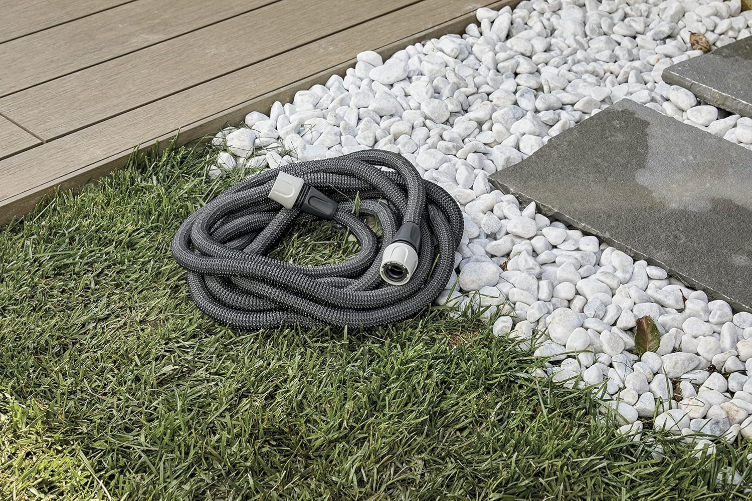 GF SRL, Aquapop Grey Easy 10, furtun împletit autoextensibil de 10 metri, fabricat în Italia, cu mini pulverizator de grădină și conectori pentru irigarea grădinii, gri închis