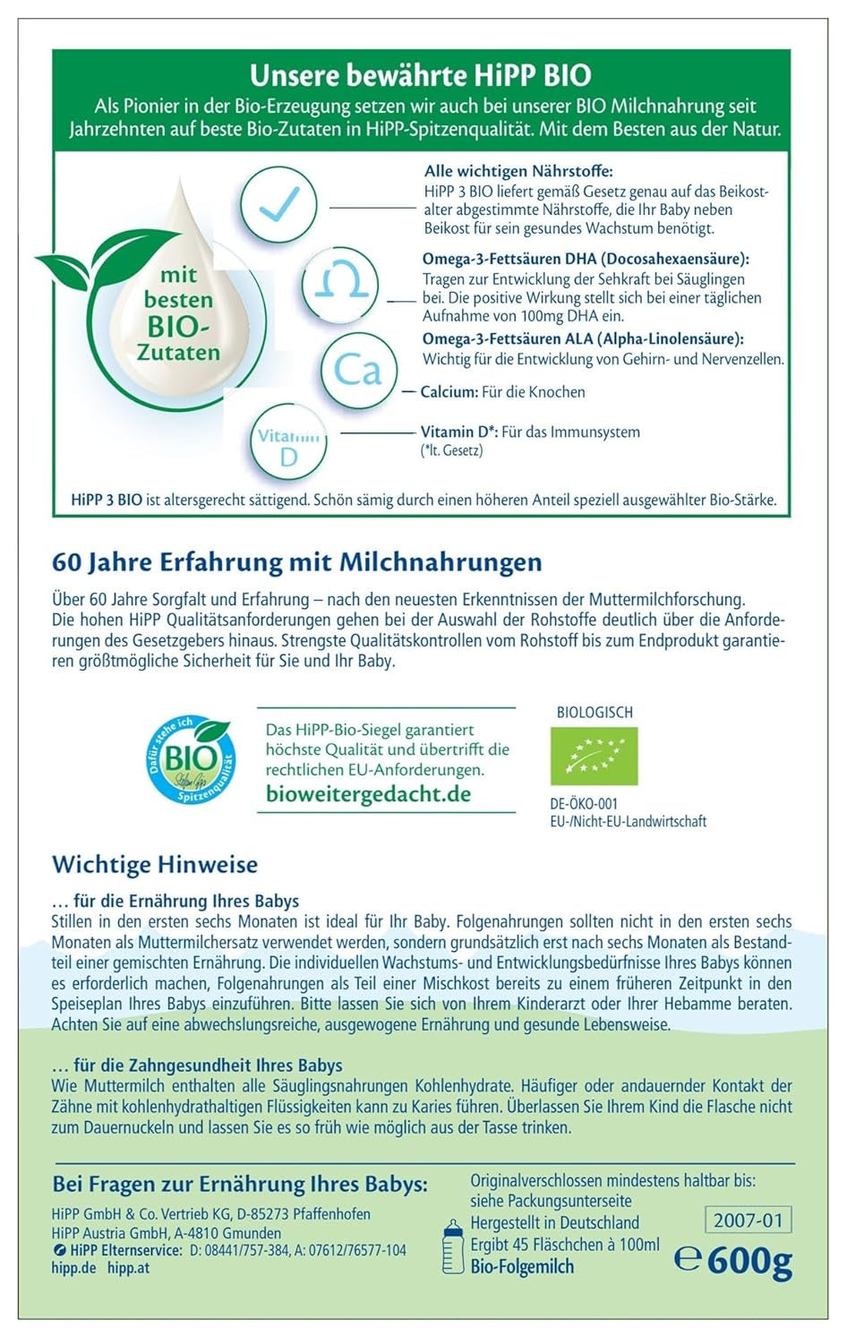 HiPP 3 Lait de suite Bio (4 x 600g) - après 10 mois, avec Oméga-3 (DHA, ALA), Calcium, Vitamine D, de la meilleure qualité biologique