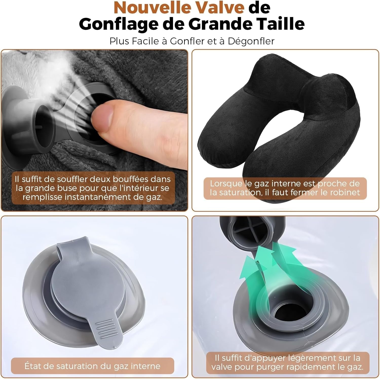 Oreiller de Voyage Gonflable, Oreiller de Voyage avec Masque de Sommeil + Bouchons d'Oreilles + Sac de Transport, Super Léger et Portable, Idéal pour Avion, Voiture, Maison, Bureau, Noir Naty Shop Oreillers de Voyage