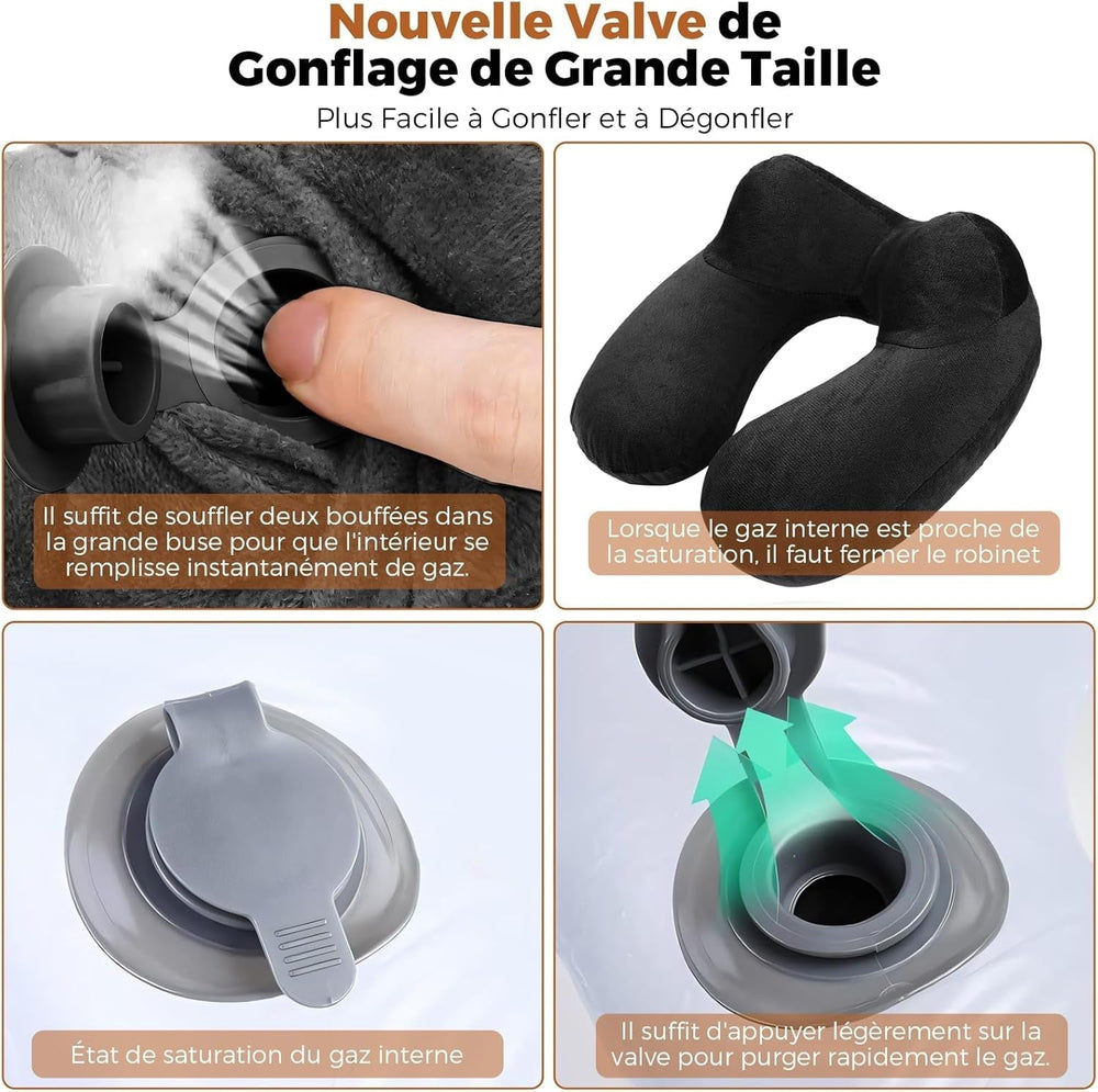 Oreiller de Voyage Gonflable, Oreiller de Voyage avec Masque de Sommeil + Bouchons d'Oreilles + Sac de Transport, Super Léger et Portable, Idéal pour Avion, Voiture, Maison, Bureau, Noir Naty Shop Oreillers de Voyage