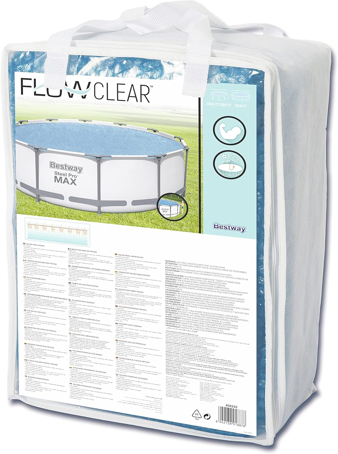 Prelată solară pentru piscină Bestway Flowclear, Ø 356 cm, pentru piscine rotunde supraterane de 366 cm și 396 cm, albastră, 58242