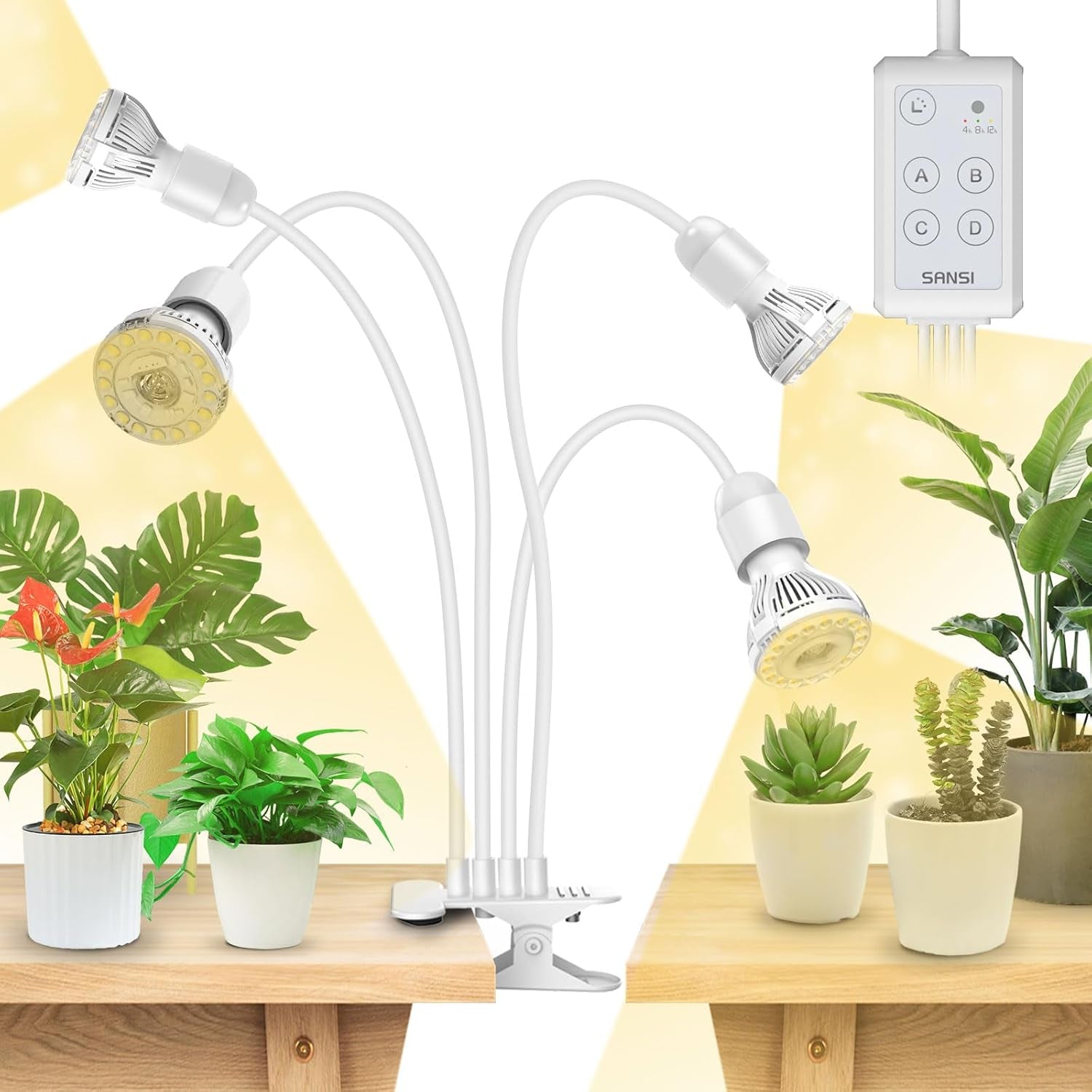 SANSI Lampe de culture LED pour plantes d'intérieur, 2 têtes, spectre complet, 10 W (équivalent 150 W), minuterie de 4/8/12 heures, lampe hydroponique suspendue pour serre de plantes d'intérieur