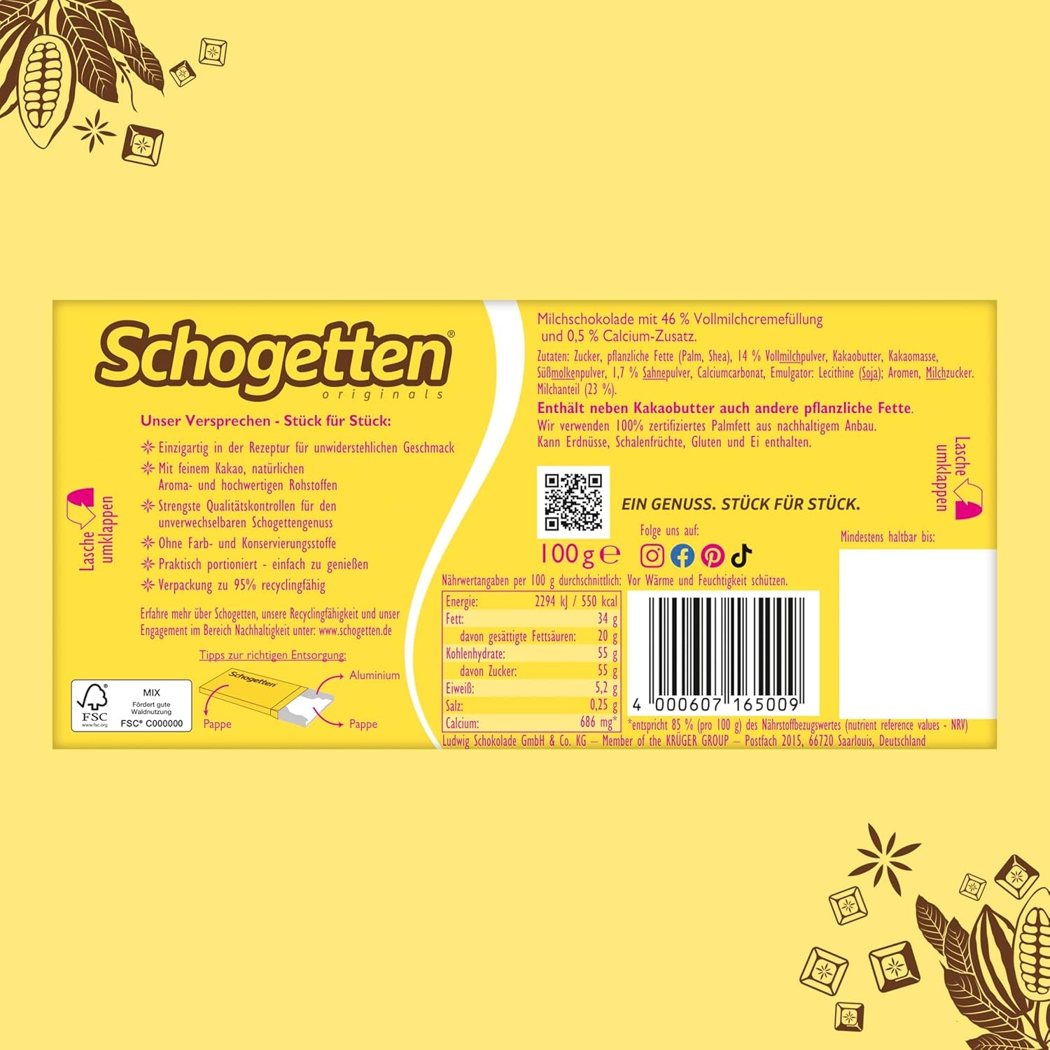 Schogetten pour enfants, barre de chocolat 100g, chocolat au lait fourré au lait crémeux, en portions pratiques. Un délice. Pièce par pièce.