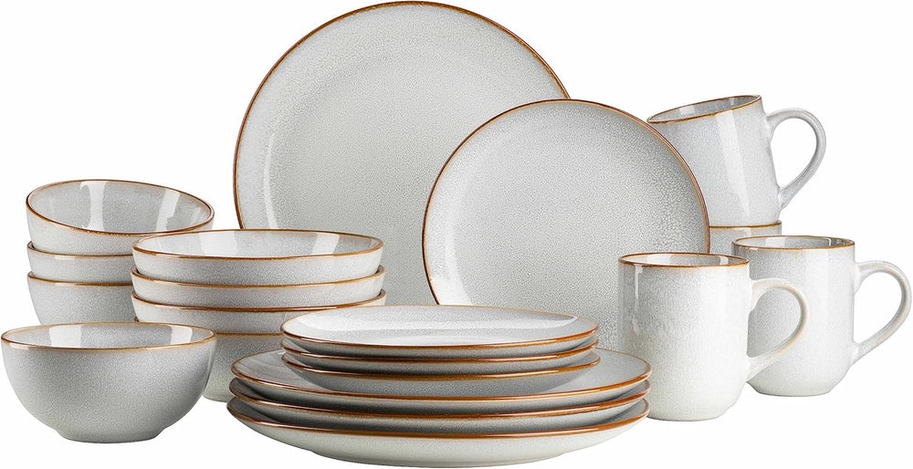 MÄSER Mabella, Service de table vintage pour 4 personnes, service combiné de 20 pièces avec vernis réactif raffiné et fine bordure marron, Grès, Gris-Beige