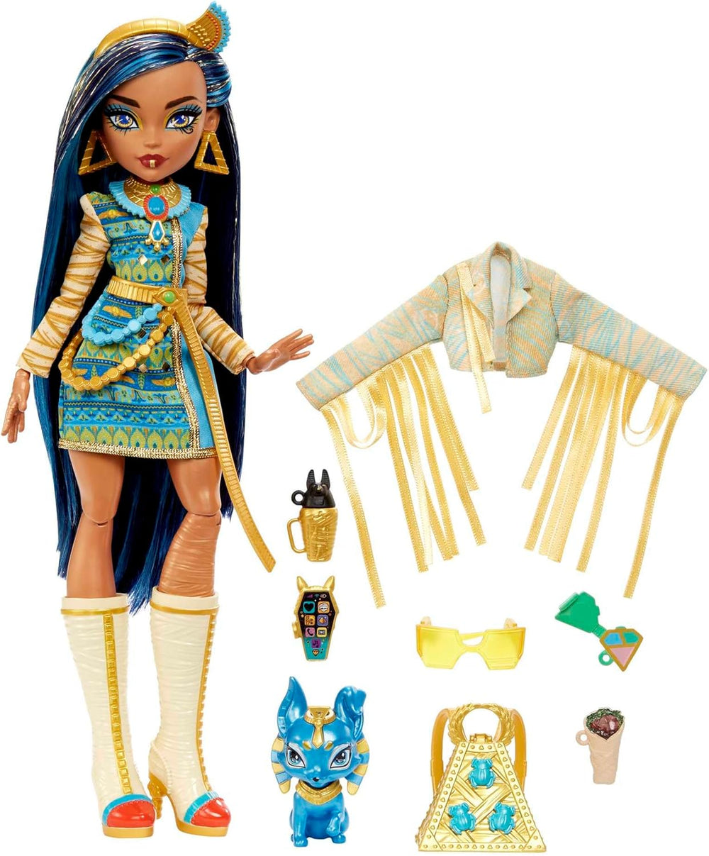 Monster High Cleo de Nile Puppe, Mummie Modepuppe, Königliches Outfit, Killerstiefel, Pyramidenrucksack, Accessoires, pour enfants à partir de 4 ans, HHK54