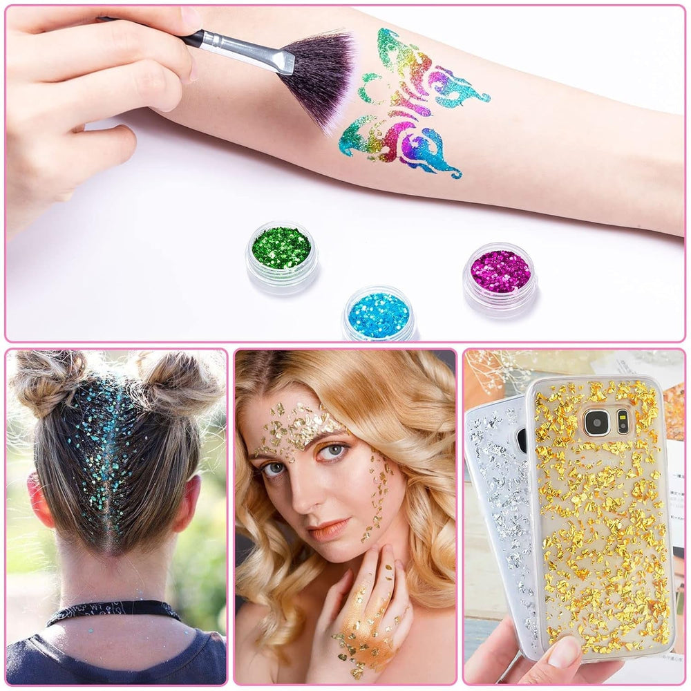 24 couleurs Glitzer Set avec Blattgold et Glitzerpulver, Nageldesign Zubehör Pailletten Basteln Nail Art Glitter Mit Pinsel pour Nägel Gesicht Körper DIY Nagelkunst Make Up