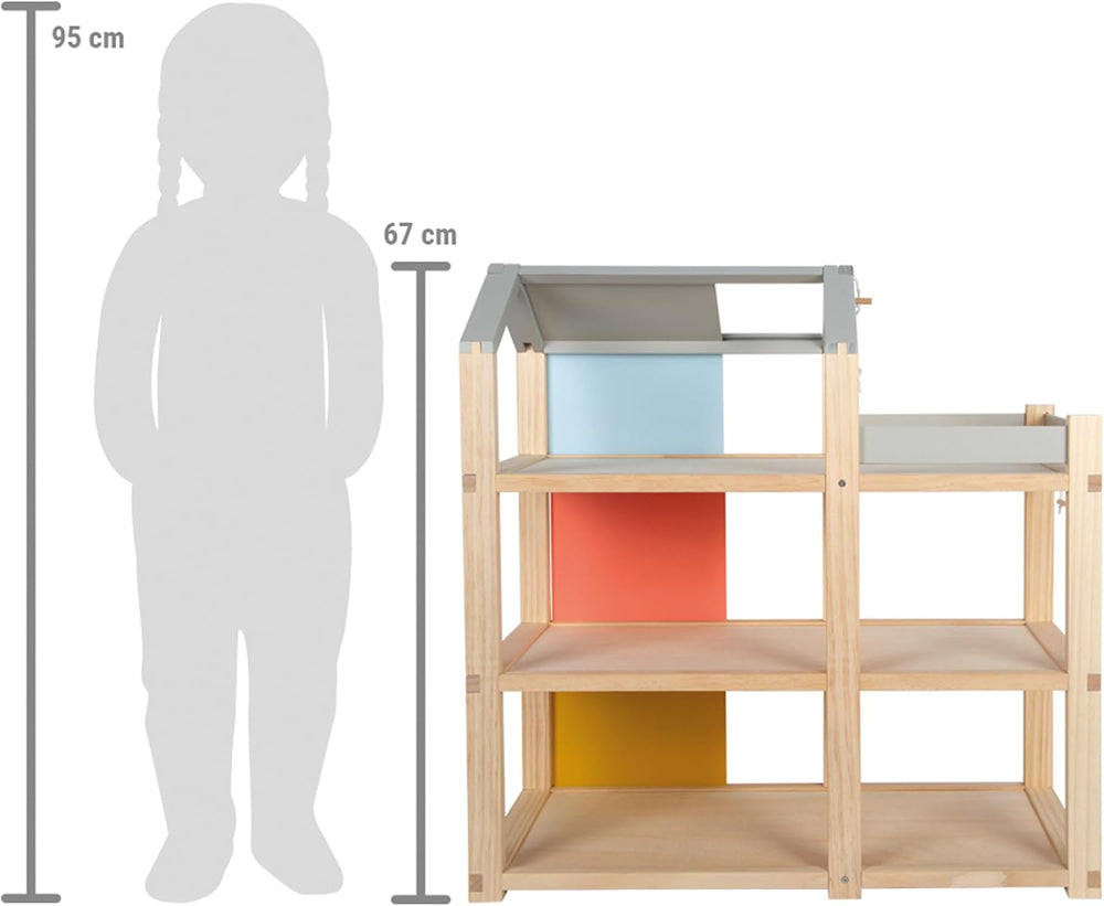Small Foot Maison de poupée en bois de couleur naturelle – Toit-terrasse à 3 niveaux et ensemble de meubles de 51 pièces encourage le jeu créatif, convient aux enfants de 3 ans et plus, 12541