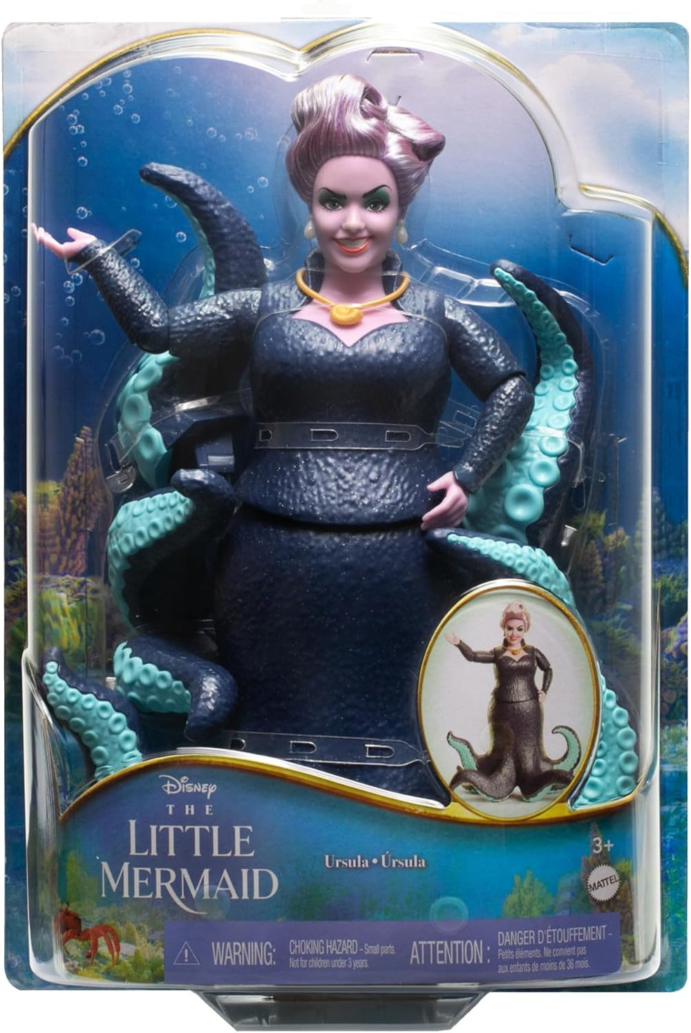 Mattel DISNEY Ariel La Petite Sirène - Ursula avec tentacules, collier amovible et chignon lavande pour un plaisir de coiffure sans fin, convient aux enfants à partir de 3 ans, HLX12