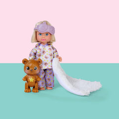 Simba Evi Love Teddy Bed, Spielpuppe im Schlafanzug mit Schlafmaske, Flauschiger Decke, Teddy und Bett mit Glow in the Dark, 12cm, ab 3 Jahren