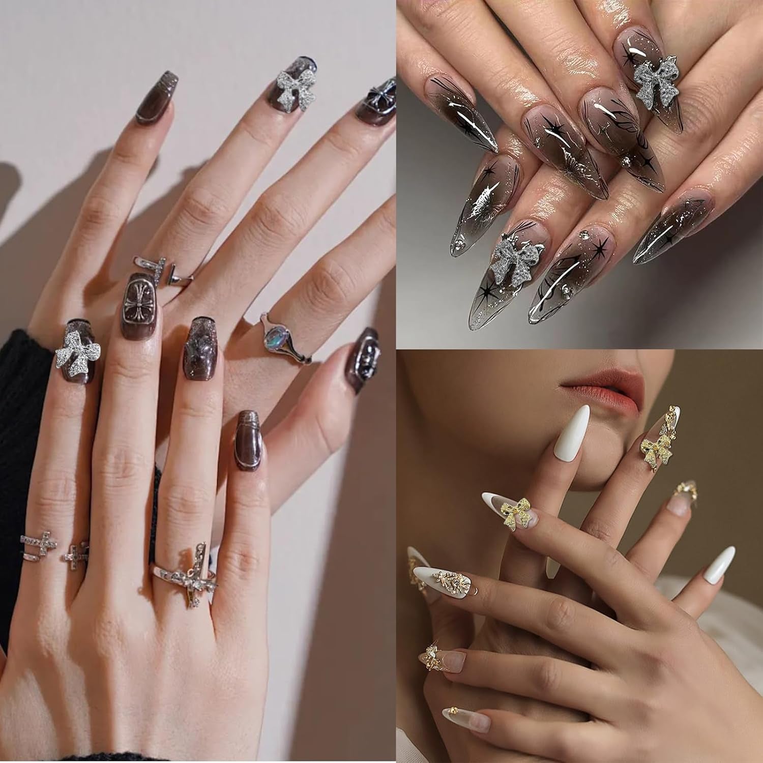 Nœuds à ongles en métal, 30 pièces, nœuds gris or argent, accessoires pour ongles, décorations d'ongles pour femmes et filles, Design Nail Art